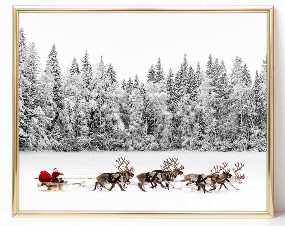 Santa Claus Sleigh Reindeer Team Snowy Forest Christmas Poster