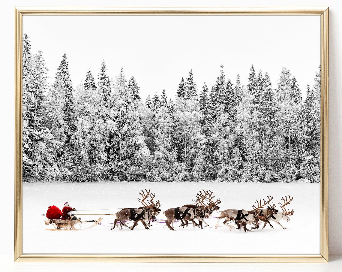 Santa Claus Sleigh Reindeer Team Snowy Forest Christmas Poster