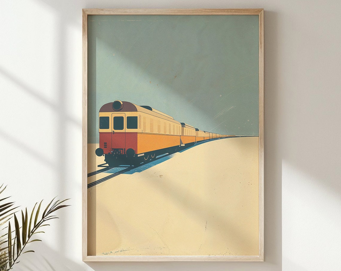 Retro Yellow Passenger Train Desert Landscape Vintage Poster