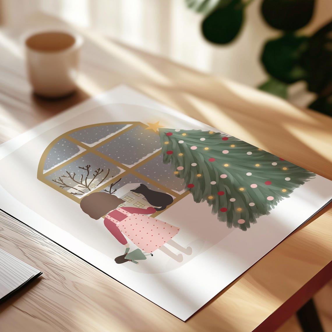 First Snow Girl Watching Snowfall Christmas Tree Cozy Winter Print - Image 3