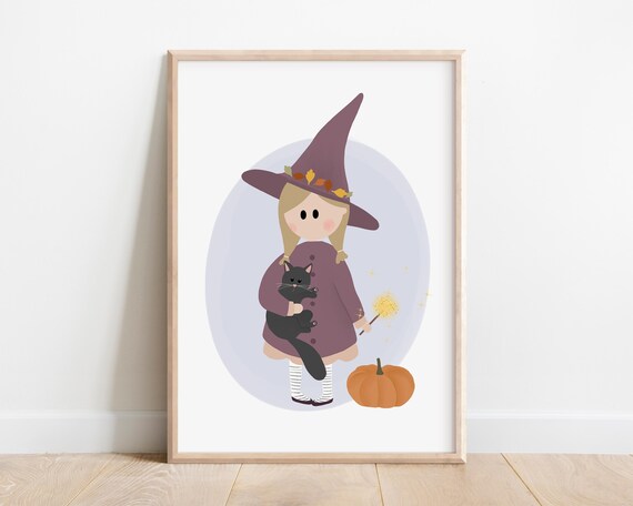 Little Witch And Black Cat Cute Halloween Nursery Decor Wall Art
