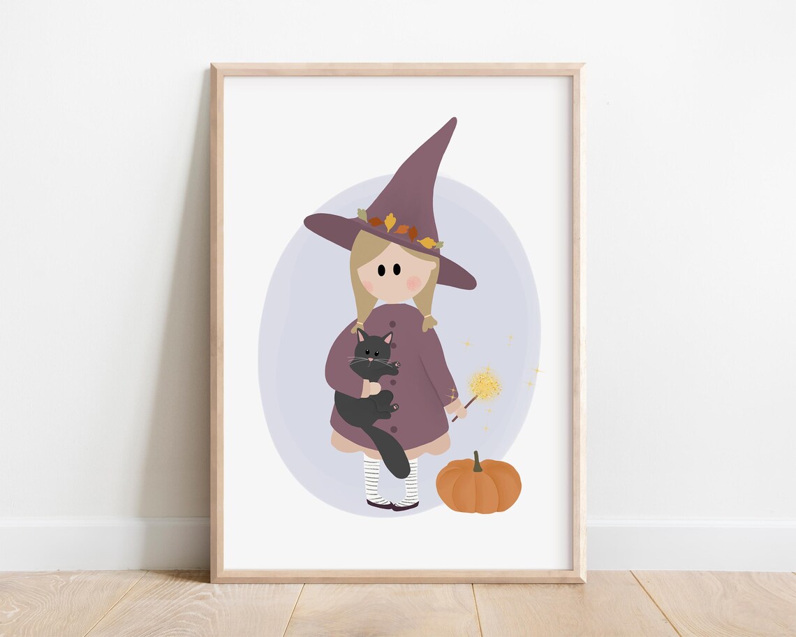 Little Witch And Black Cat Cute Halloween Nursery Decor Wall Art