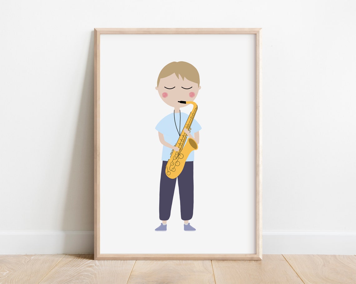 Saxophone Player Boy Minimalist Kids Music Room Decor Art Print