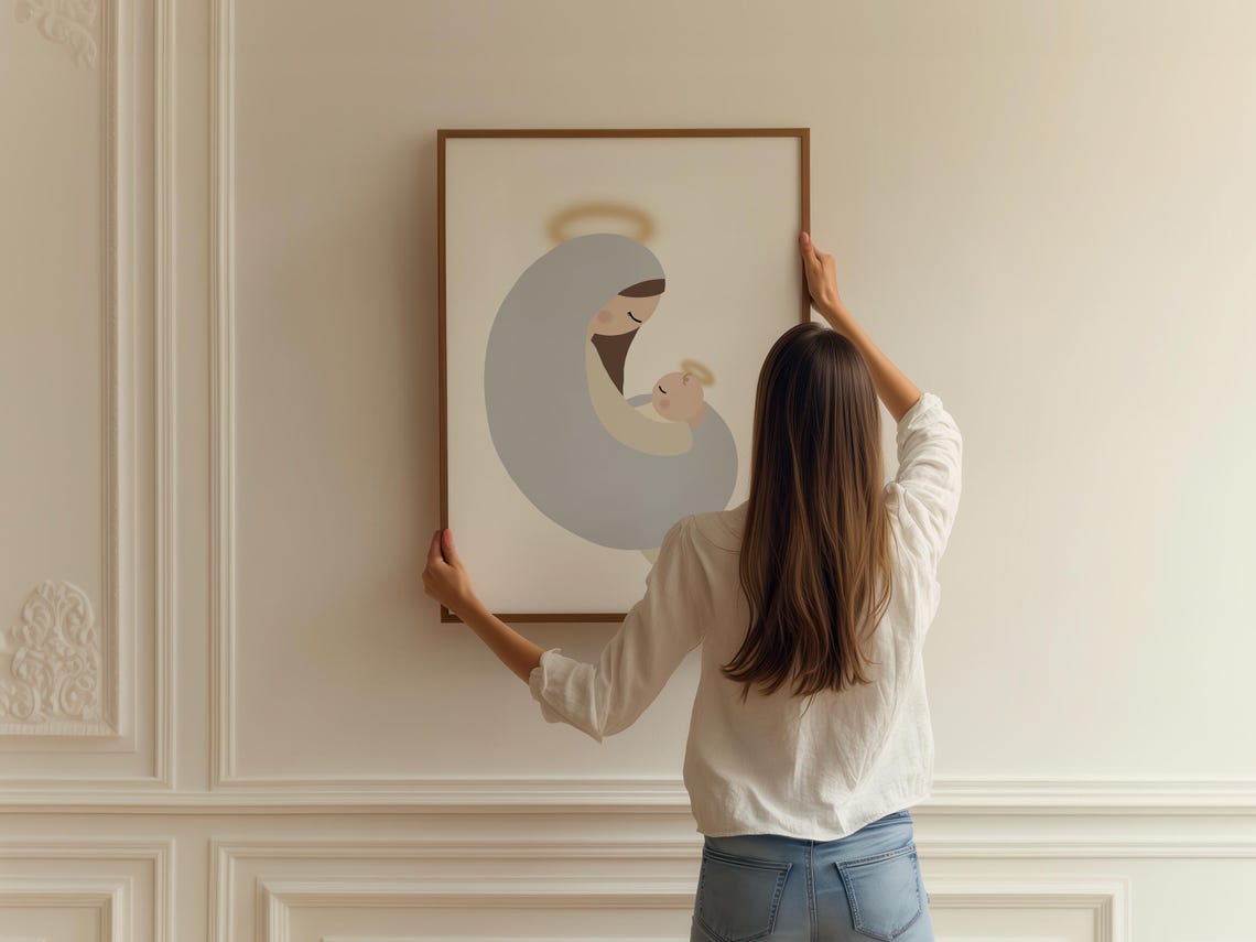 Virgin Mary Baby Jesus Minimalist Catholic Nursery Decor Wall Art - Image 2
