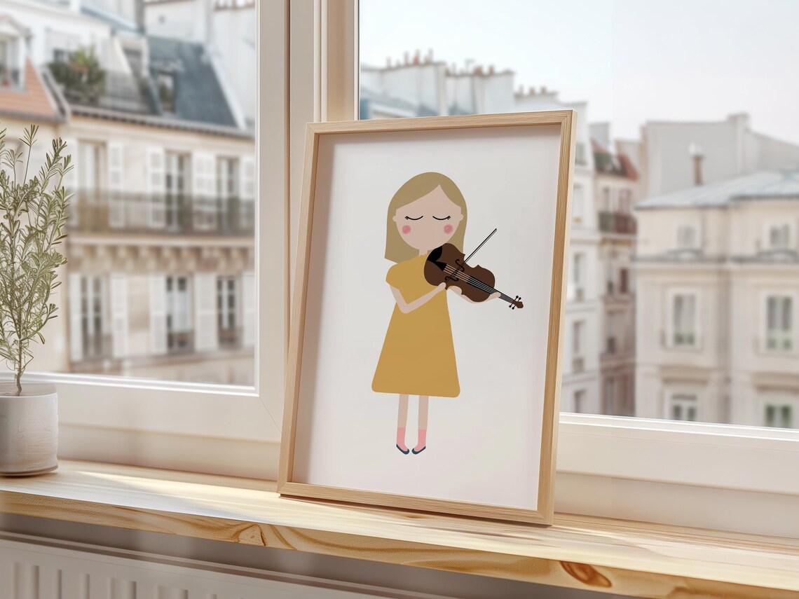 Girl Playing Violin Mustard Dress Kids Music Instrument Nursery Art Poster - Image 3