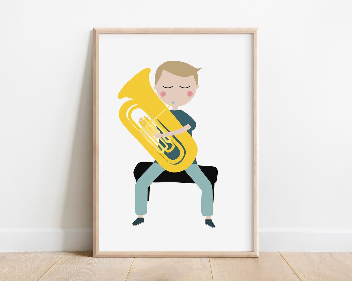 Cute Tuba Player Boy Minimalist Kids Music Room Decor Art Print