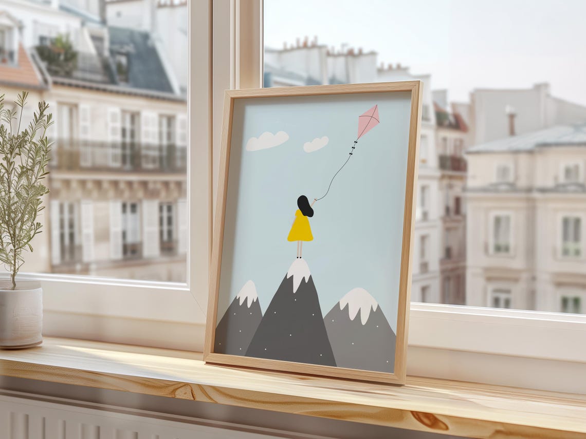 Girl Flying Pink Kite Standing On Snowy Mountain Peak Adventure Print - Image 3