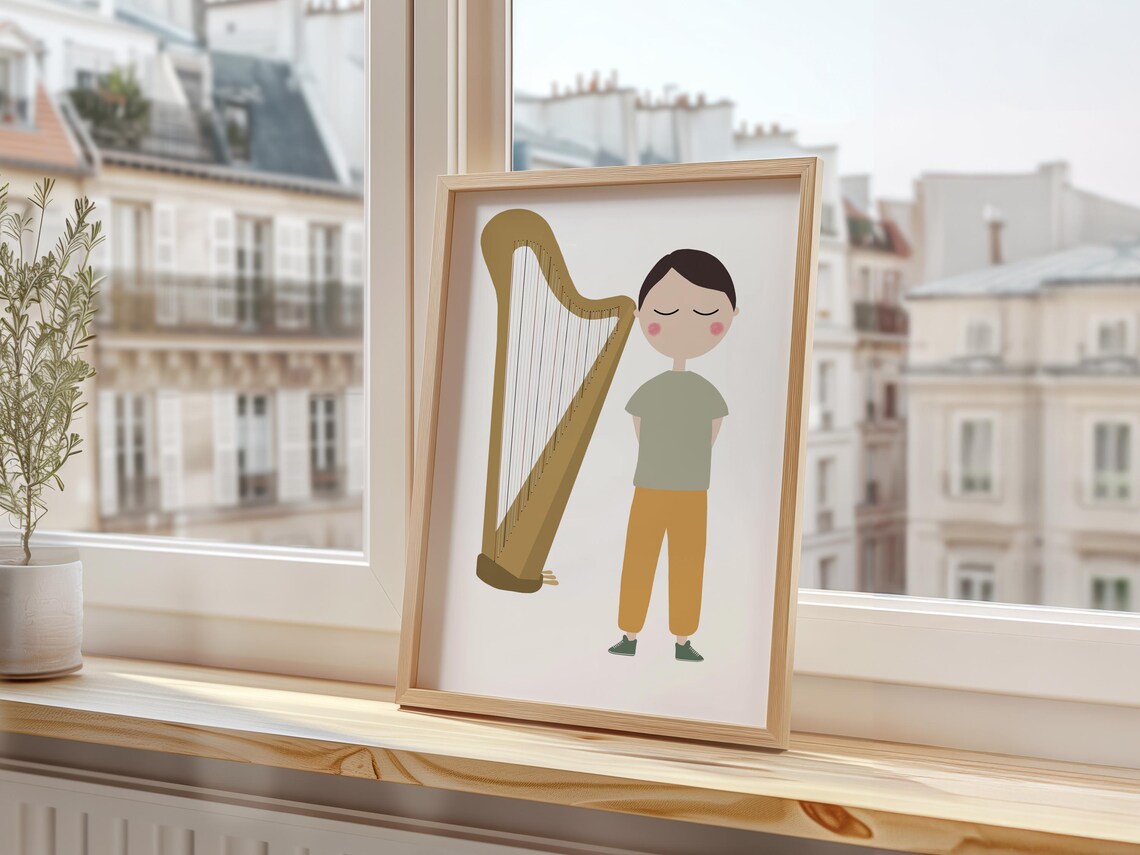 Cute Harp Player Boy Minimalist Kids Music Room Decor Art Print - Image 3