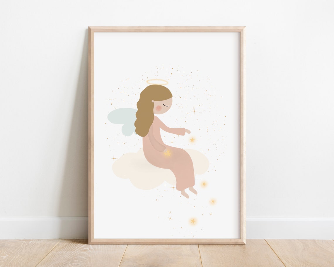 Guardian Angel Cloud Starry Sky Nursery Christmas Decor Wall Art