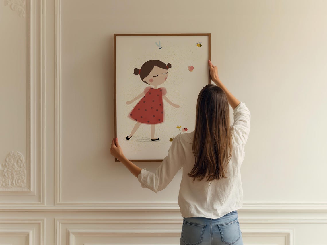 Ladybug Girl in Red Polka Dot Dress with Cute Bugs Spring Day Poster - Image 2