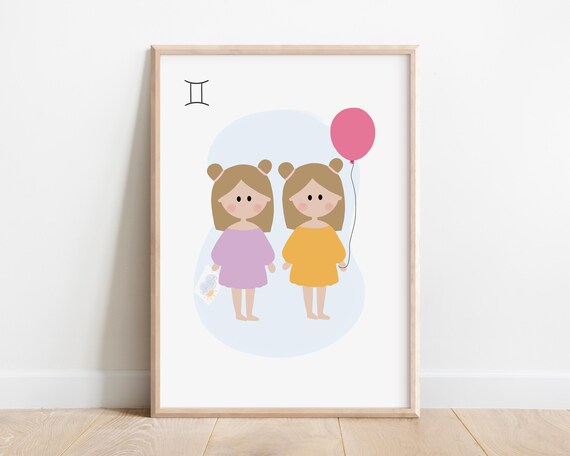 Gemini Zodiac Twin Girls Balloon Cute Horoscope Baby Nursery Poster
