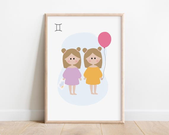 Zodiac Gemini Art Print Gemini Zodiac Girl Nursery Zodiac Prints Gemini Horoscope Gift Gemini Wall Art Sign