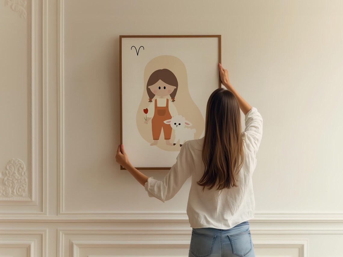 Aries Zodiac Girl with Lamb Tulip Cute Horoscope Baby Nursery Poster - Image 2