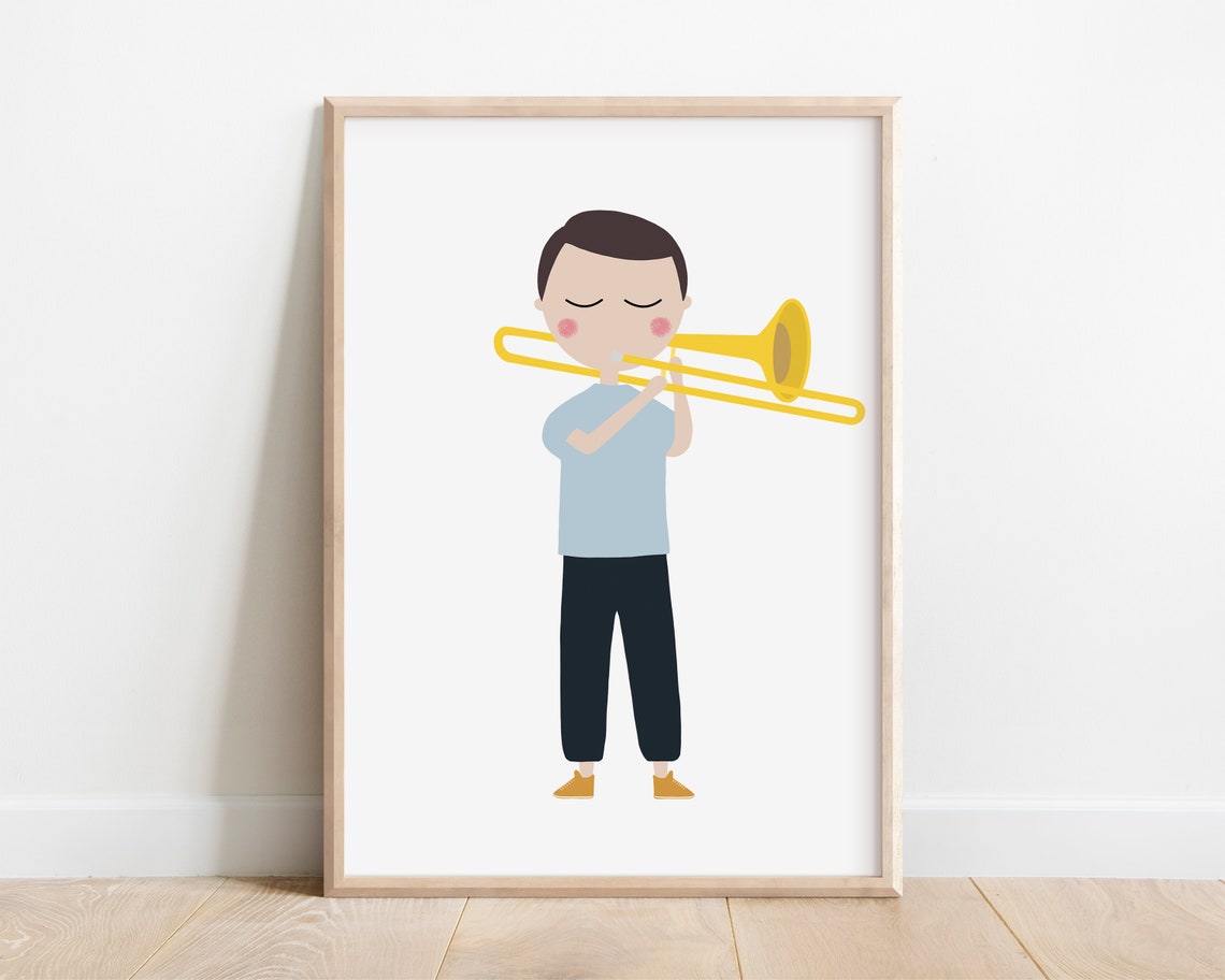 Trombone Player Boy Minimalist Kids Music Room Decor Art Print