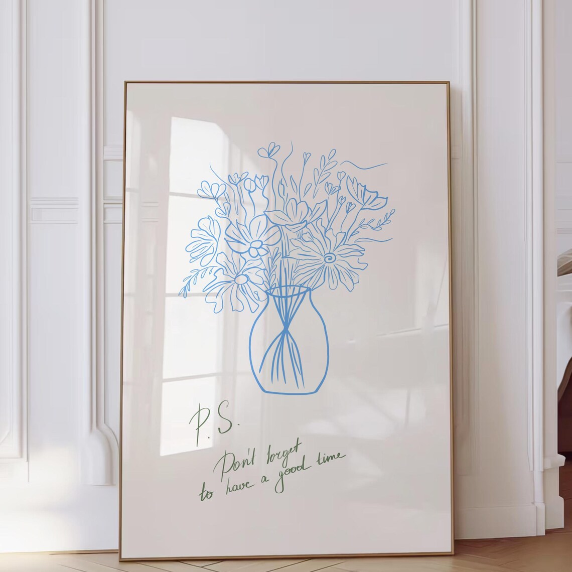 Blue Floral Drawing Bouquet Art Print, Aesthetic Decor