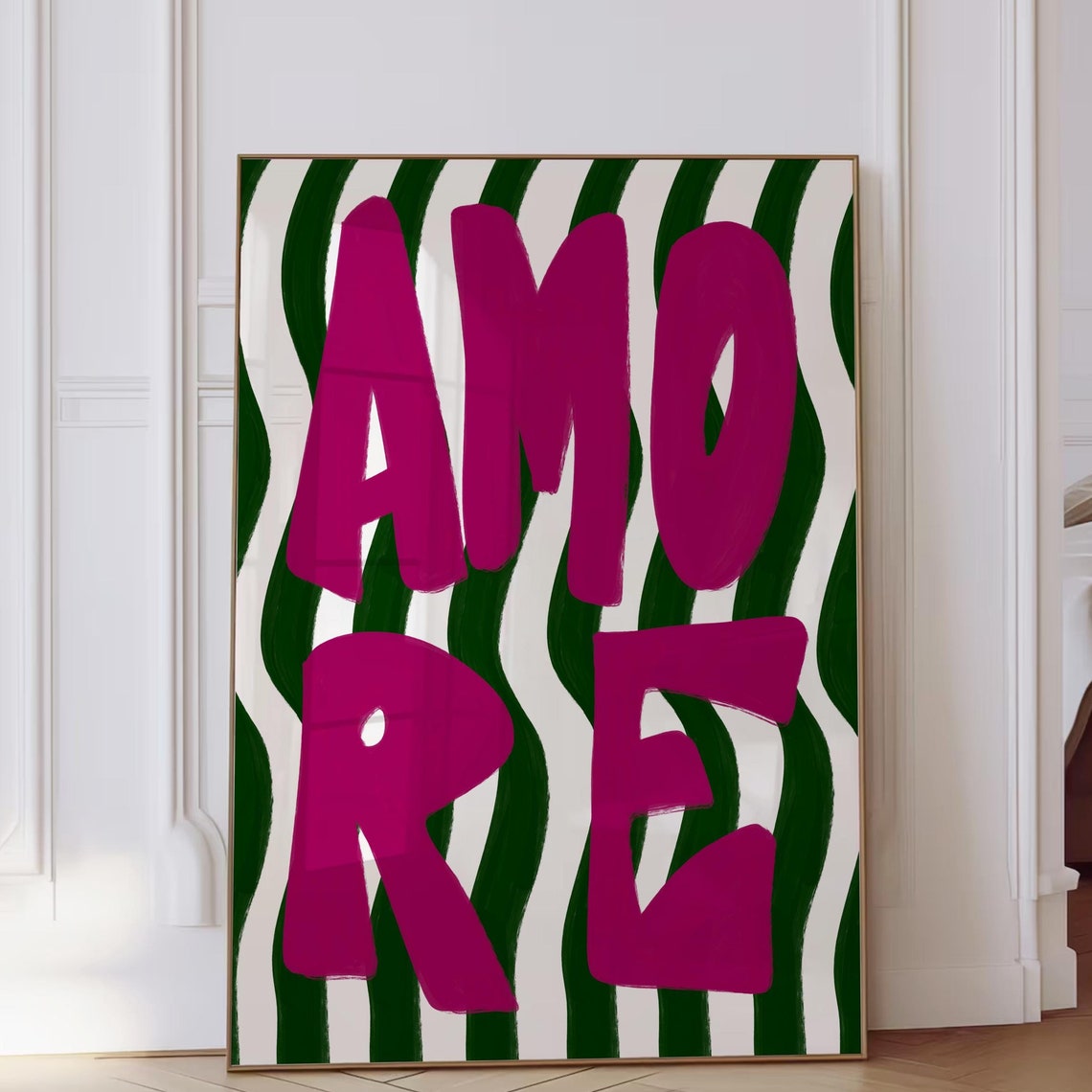 Amore Hot Pink Bold Letters on Green Wavy Stripe Typography Poster