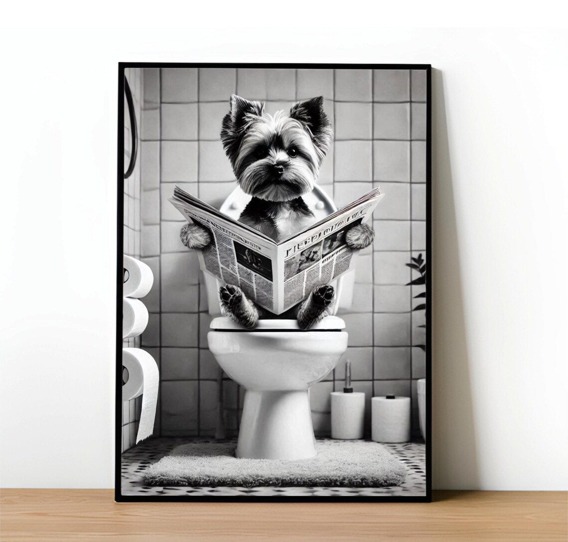 Funny Yorkshire Terrier Bathroom Wall Art Dog Sitting On The Toilet Yorkie Bathroom Decor Pet In Toilet Humor Pet Shop