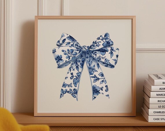 Blue Chinoiserie Floral Bow Coquette Ribbon Decor Art Poster