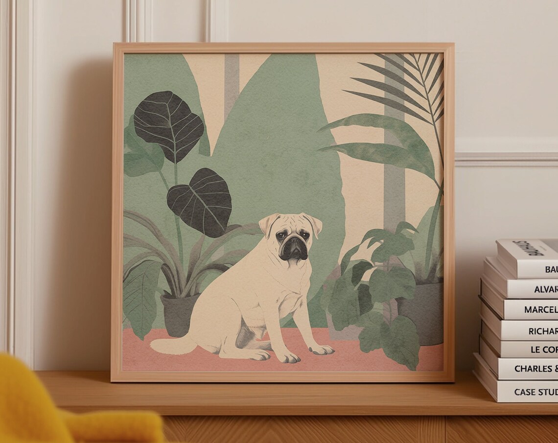 Pug Among Tropical Plants Illustrated Poster in Muted Green Tones