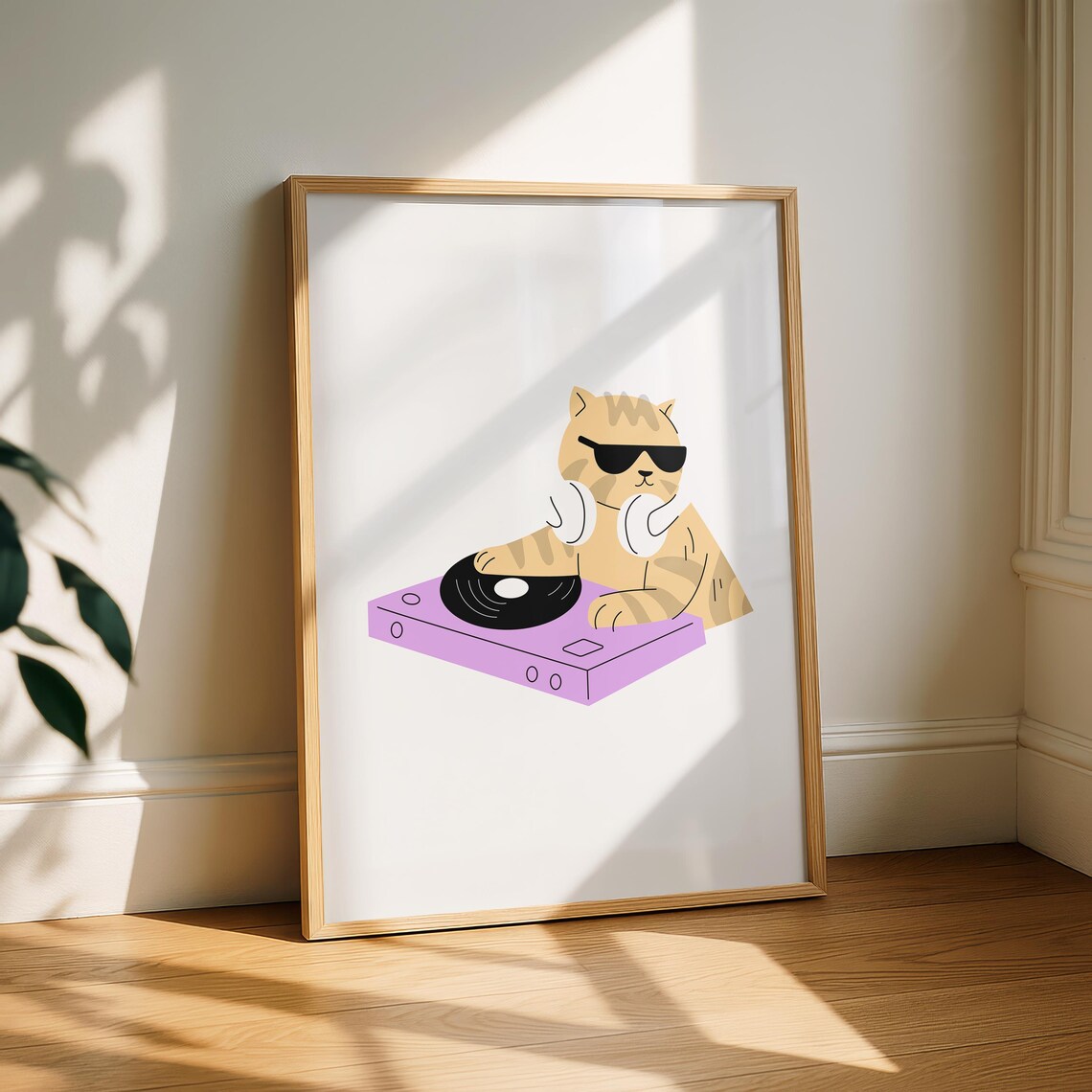 DJ Cat Funny Music Poster Cool Kitten Turntable Sunglasses Minimalist Pet Art