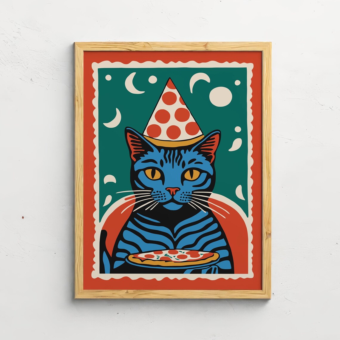 Blue Cat Pizza Party Hat Retro Pop Art Funny Animal Art Print