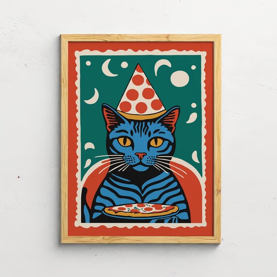 Blue Cat Pizza Party Hat Retro Pop Art Funny Animal Art Print