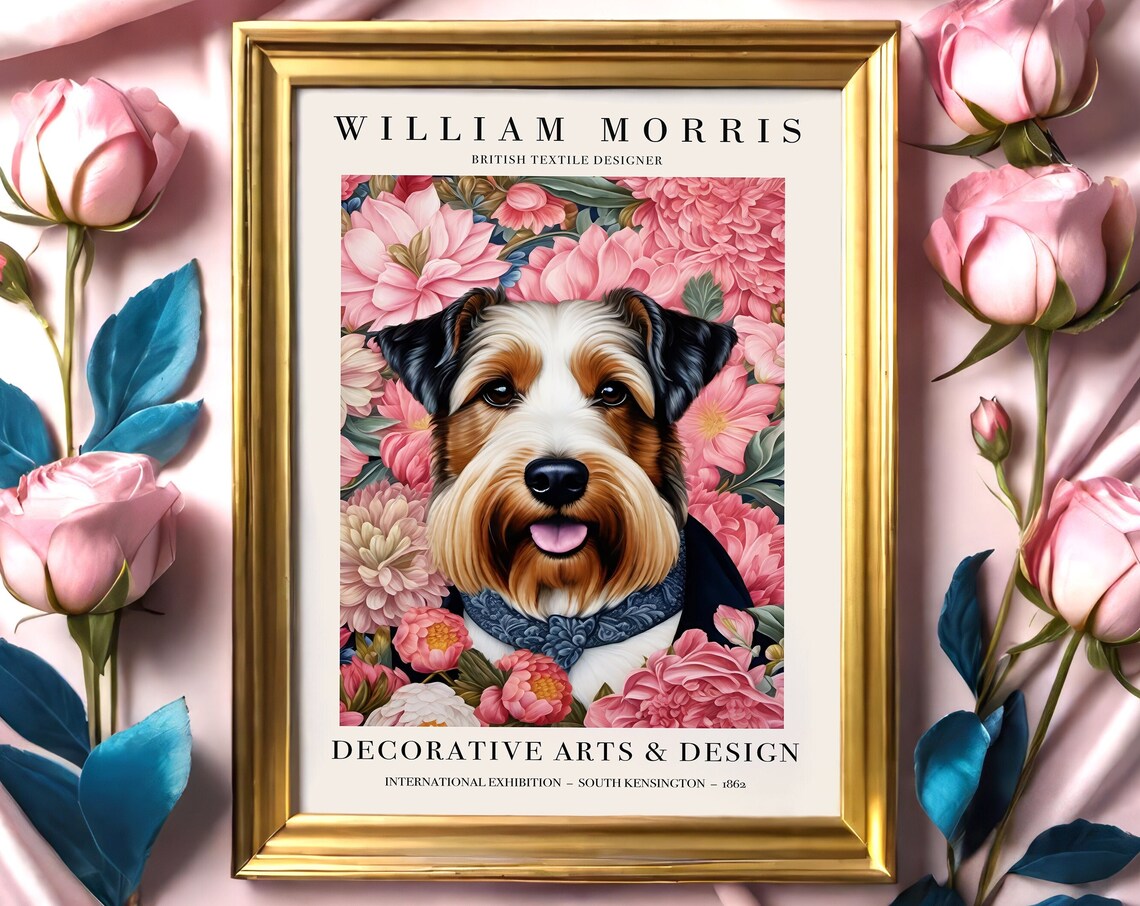William Morris Happy Scruffy Dog Pink Peony Floral Art Poster
