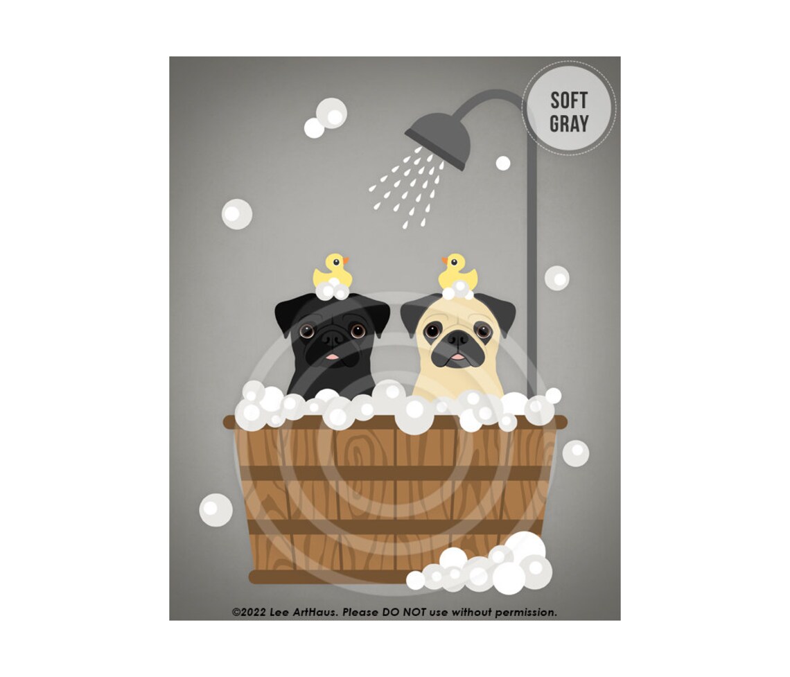 165dp Two Pug Dogs In Wooden Bathtub Wall Art Pug Gift Dog Lover Gift Dog Portrait Animal Wall Decor Dog Owner Gift Dog Art - Image 3