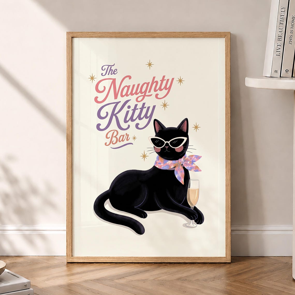 Naughty Kitty Bar Poster Black Cat Cocktail Print Retro Pink Trendy Wall Art Lover Gift Optional Frame