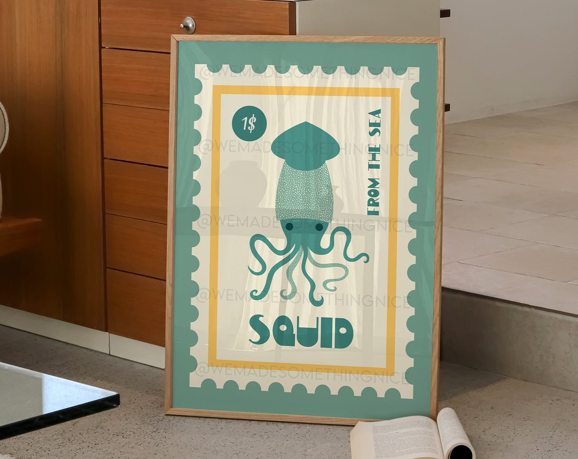 Squid From The Sea Retro Postage Stamp Teal Marine Kitchen Poster - Image 2