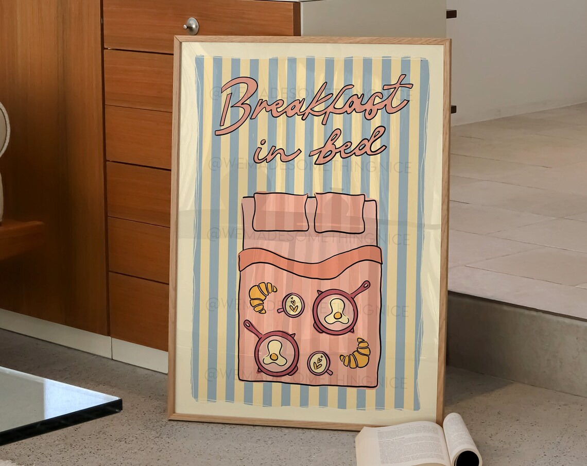 Breakfast In Bed Pink Bed Croissant Egg Retro Kitchen Poster