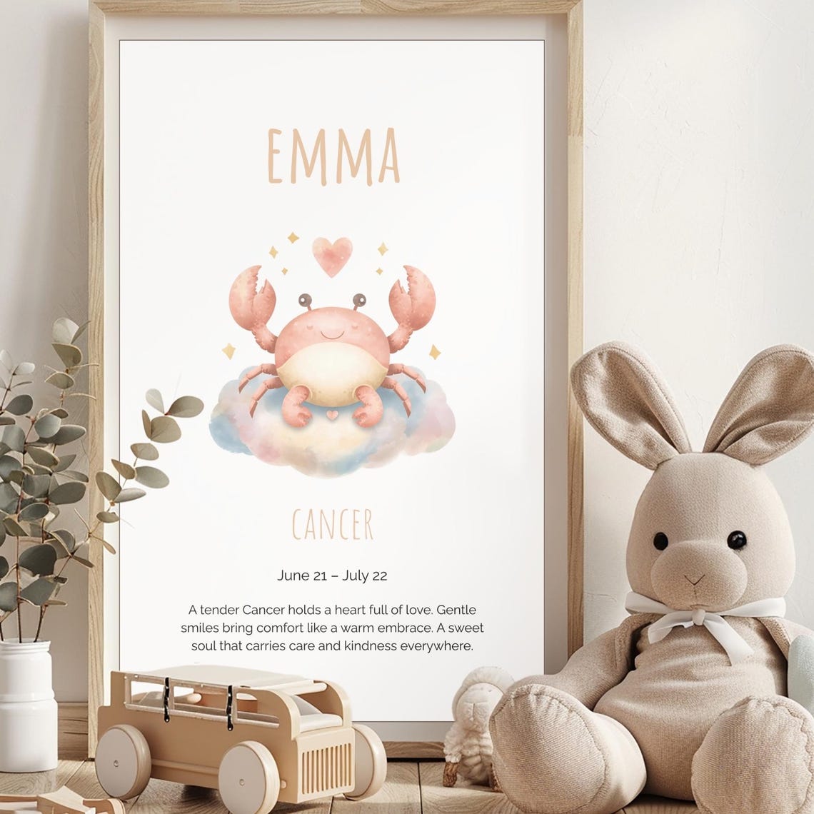 Personalized Cute Crab Cancer Zodiac Nursery Name Sign Poster