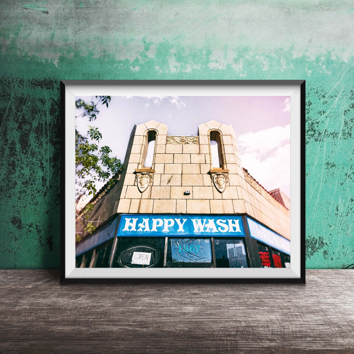Happy Wash Laundromat Vintage Corner Storefront Sign Photo Poster