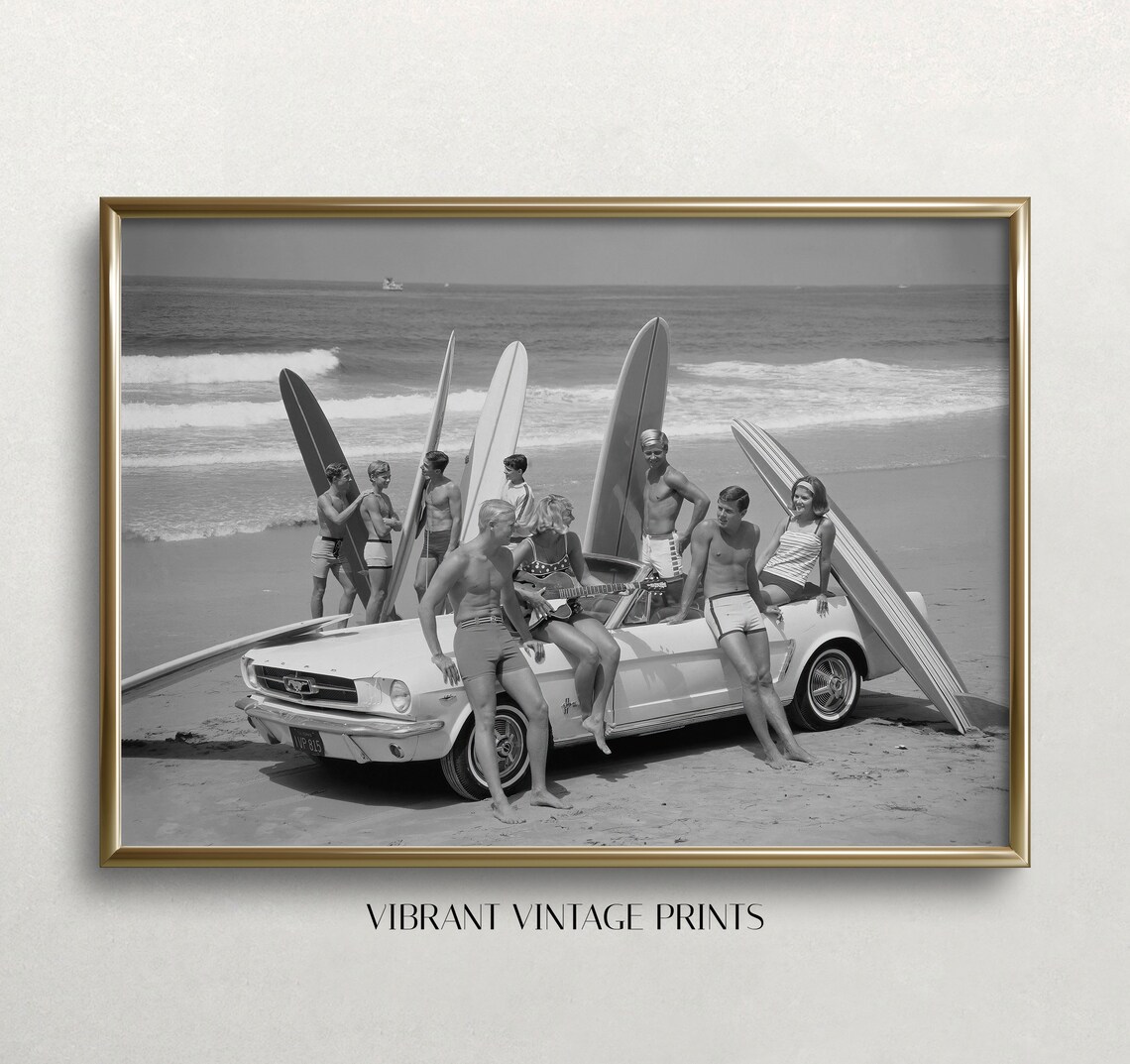 Vintage Surfer Beach Poster, Black And White Retro