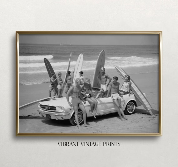 Vintage Surfer Beach Poster, Black And White Retro