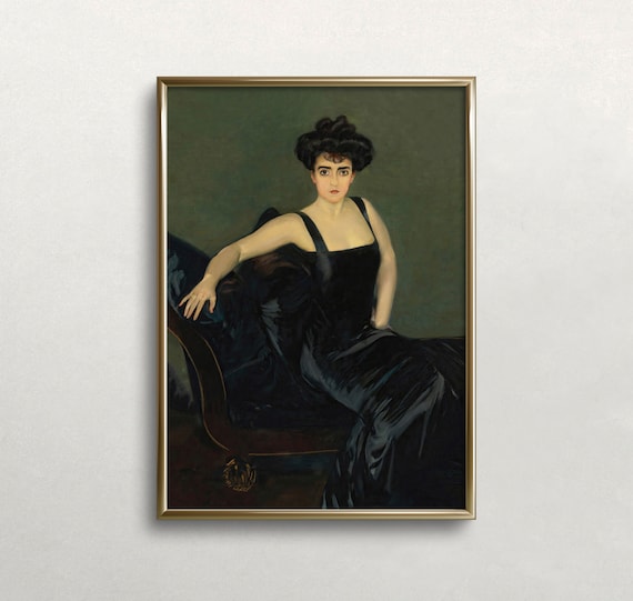 Moody Woman Black Dress Reclining Chaise Vintage Portrait Art Print