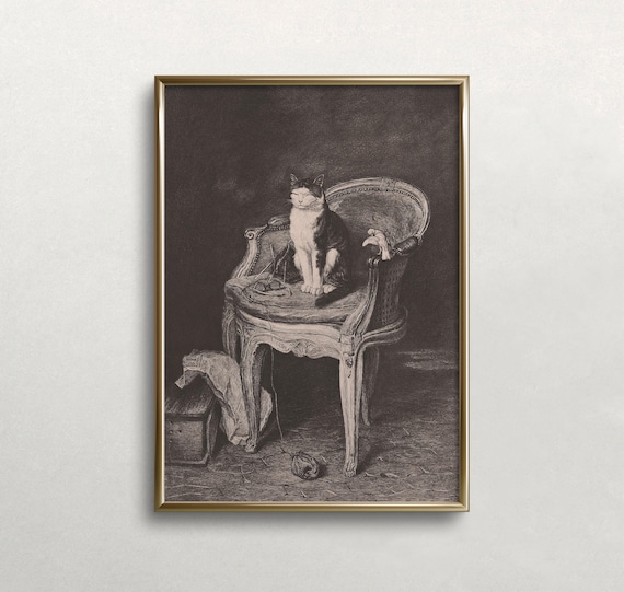 Cat and Bird Antique Sepia Etching on Ornate Wooden Chair Poster