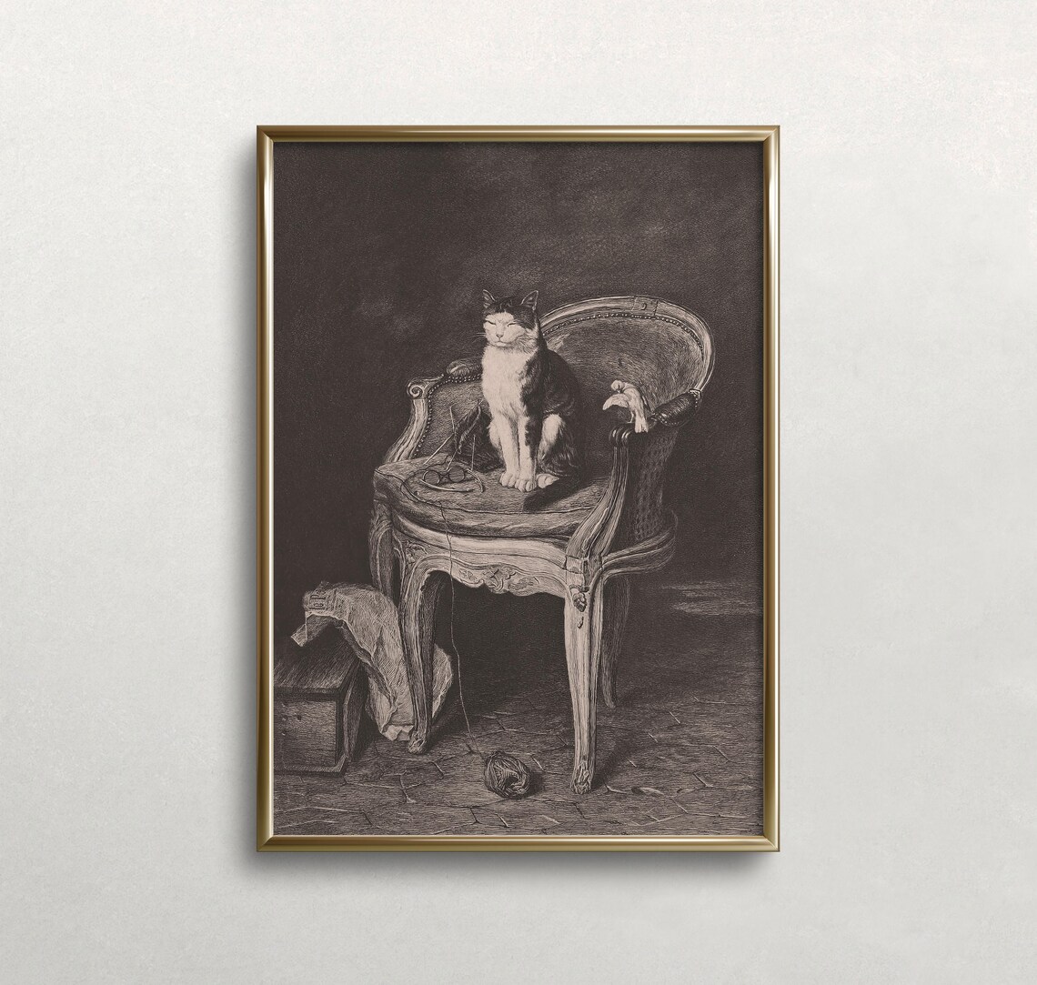 Cat and Bird Antique Sepia Etching on Ornate Wooden Chair Poster