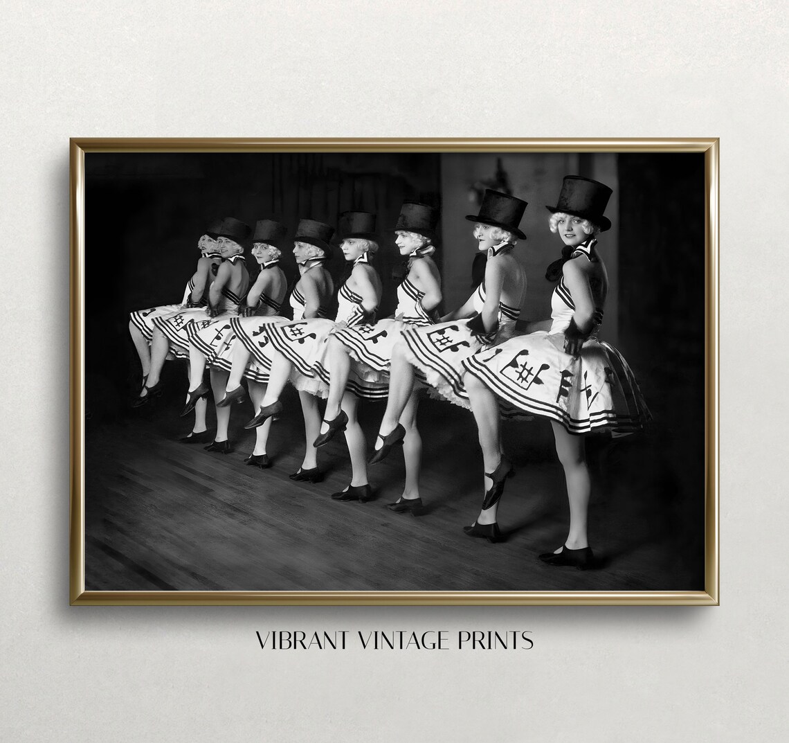 Cabaret Dancers High Kick Line Top Hats Black and White Vintage Photo Print