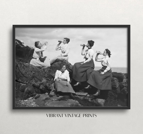 Beer Drinkers Black And White Art Vintage Wall Art Funny Art Women Drinking Beer Bar Cart Decor Wall Art