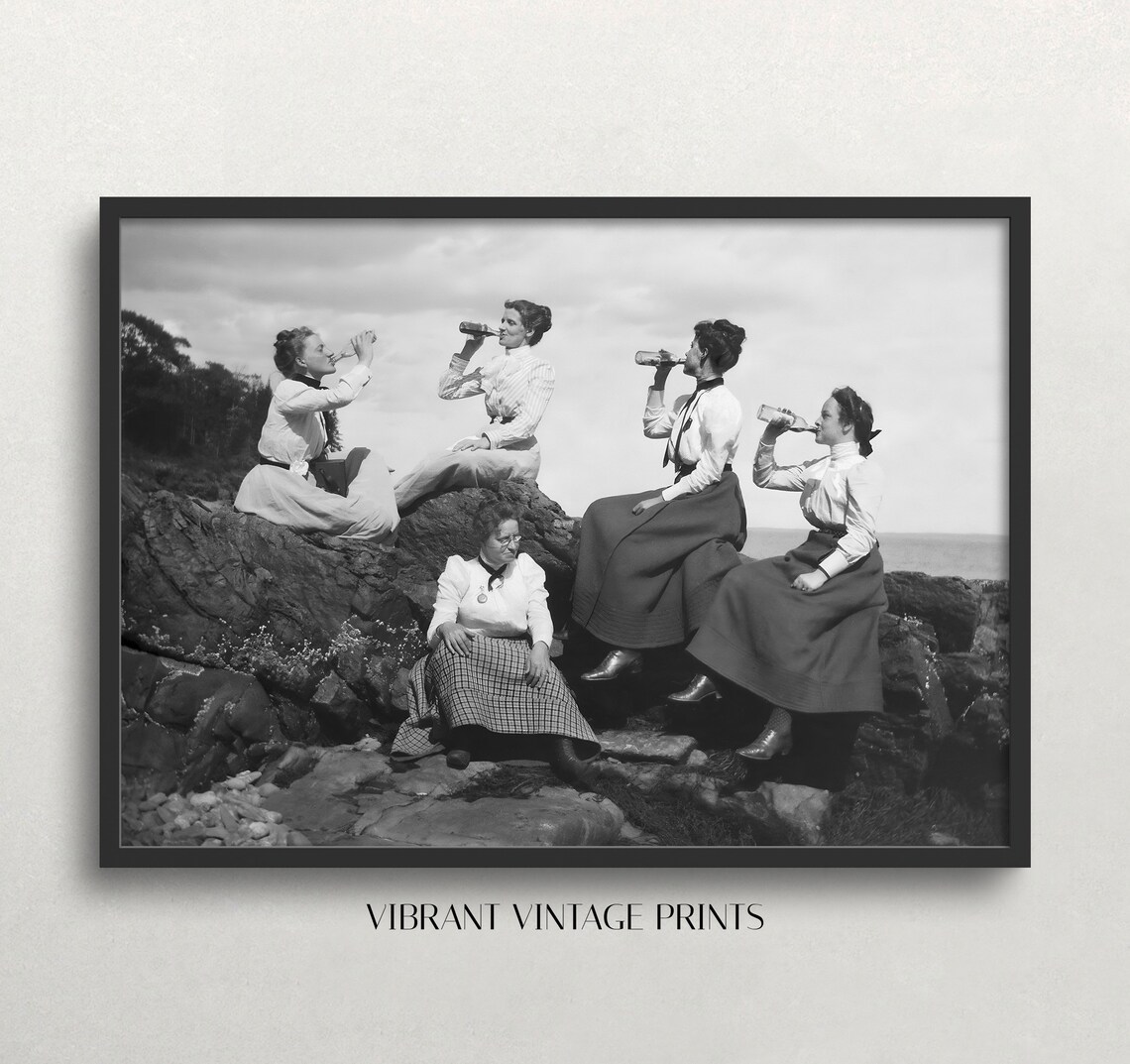 Edwardian Women Drinking From Bottles On Rocky Seaside Photo Print