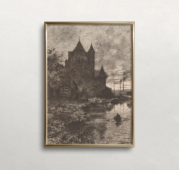 Medieval Stone Tower by the River Antique Engraving Dark Art Print