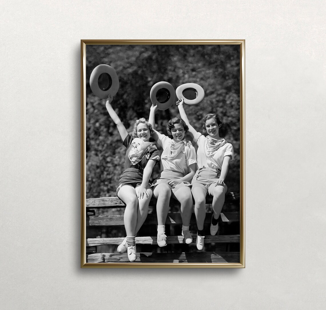 Three Smiling Cowgirls Holding Cowboy Hats Up Vintage Photo Poster - Image 3