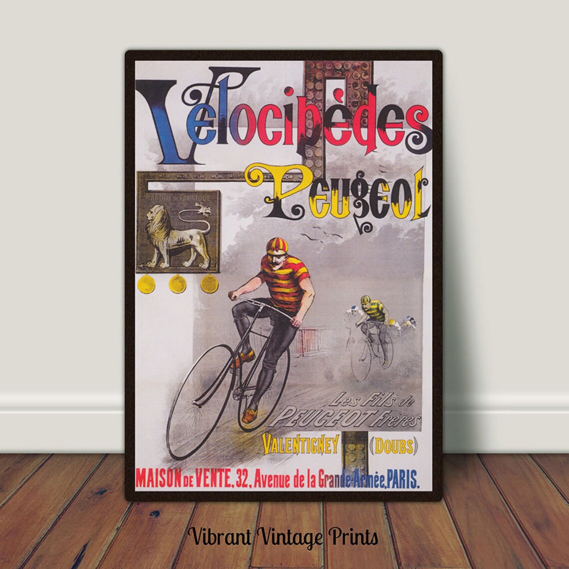 Peugeot Cycles Vintage Racing Cyclists French Bicycle Ad Sports Poster
