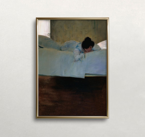 Woman Resting On Bed Moody Impressionist Vintage Painting Print