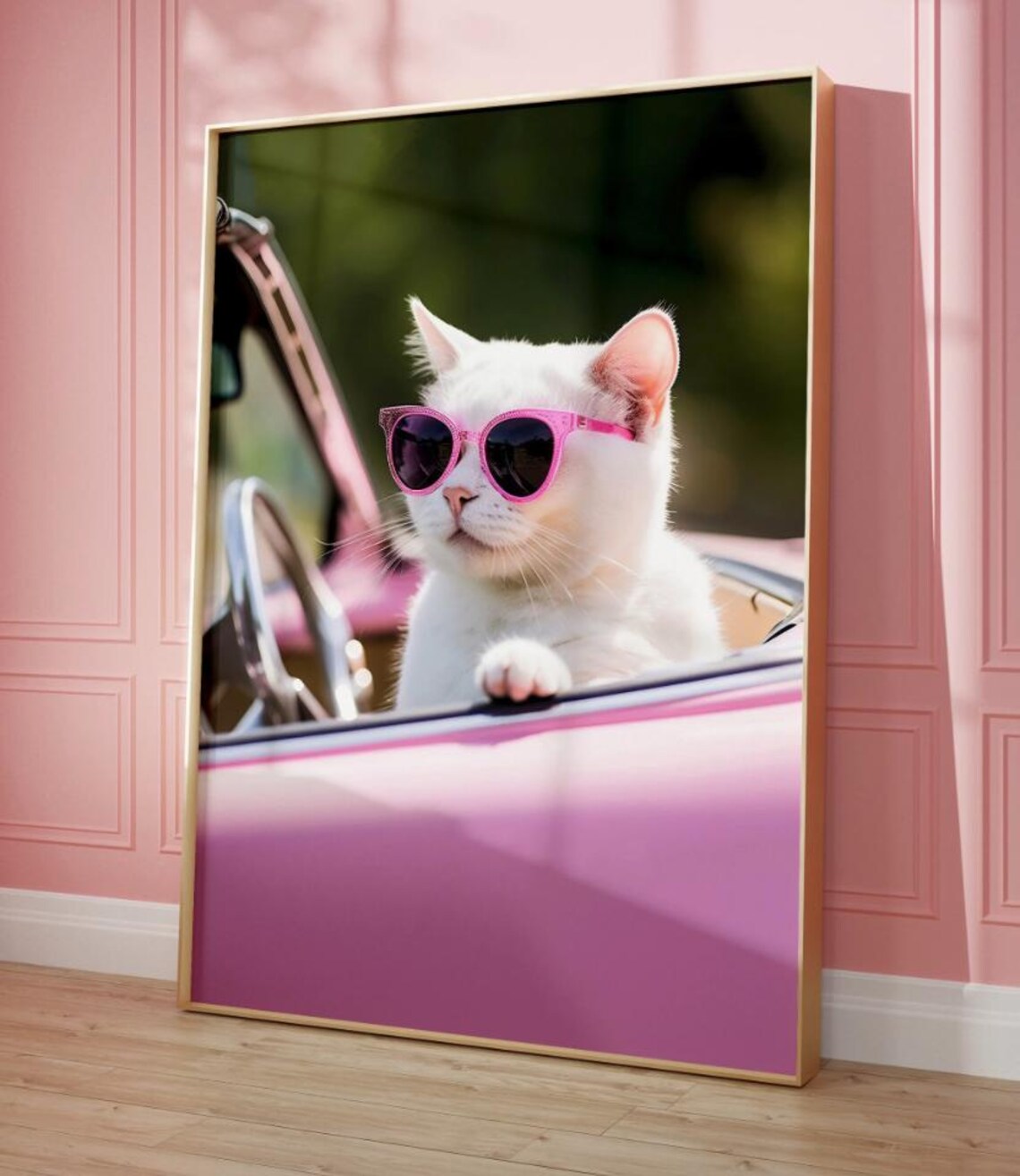 Cat Driving Pink Car Cat Art, Preppy Aesthetic - Image 3