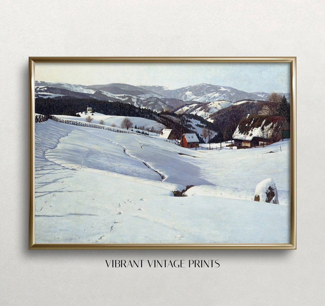 Snowy Mountain Valley Winter Landscape With Red Barn Vintage Print
