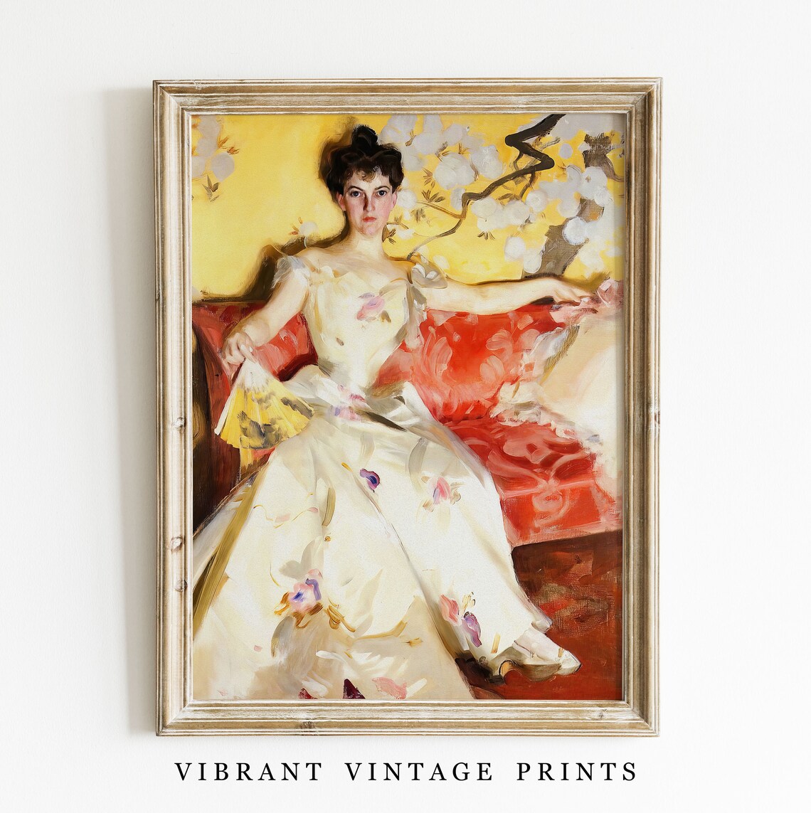Woman in White Gown Red Shawl Vintage Elegant Portrait Wall Art