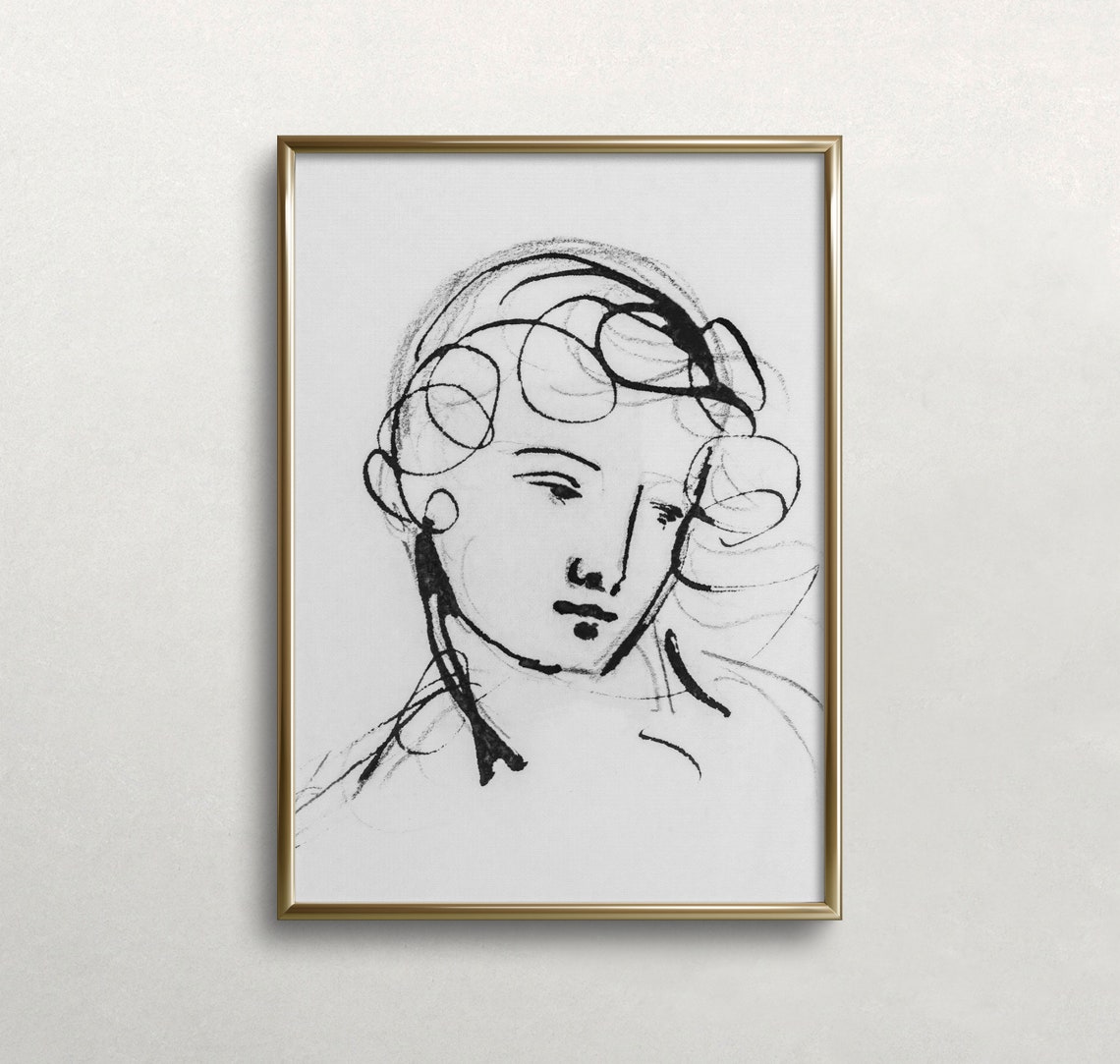 Woman Face Minimalist Black Ink Line Drawing Portrait Sketch Print