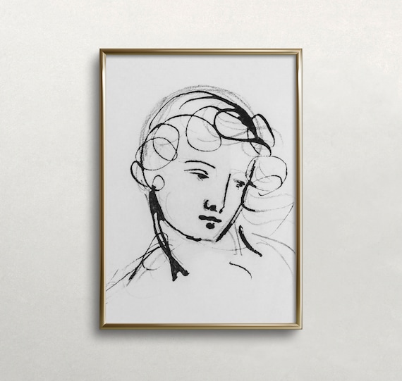 Woman Face Minimalist Black Ink Line Drawing Portrait Sketch Print
